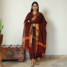 Maroon - Dharwad Cotton Kurta with Palazzo & Dupatta Set 09