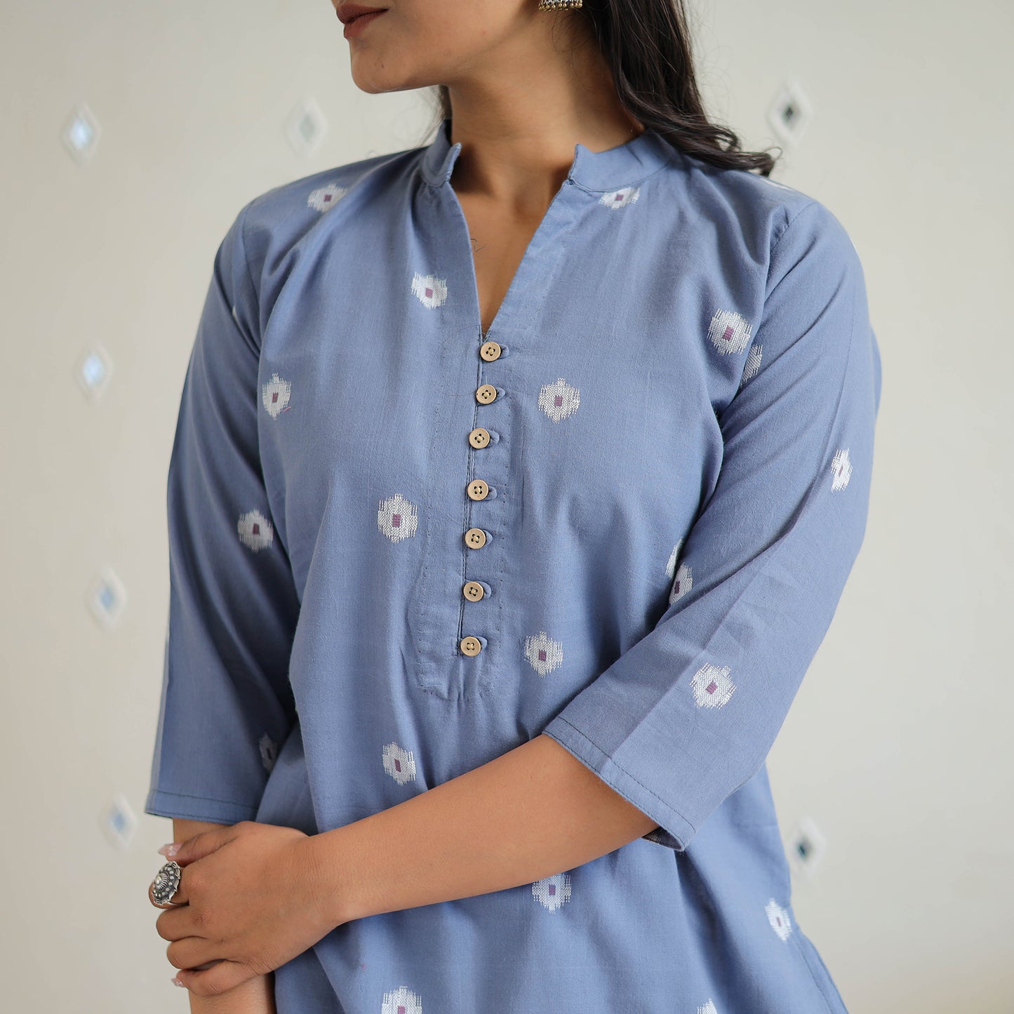 Blue - Pure Cotton Short Jacquard Kurta 01