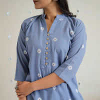 Blue - Pure Cotton Short Jacquard Kurta 01