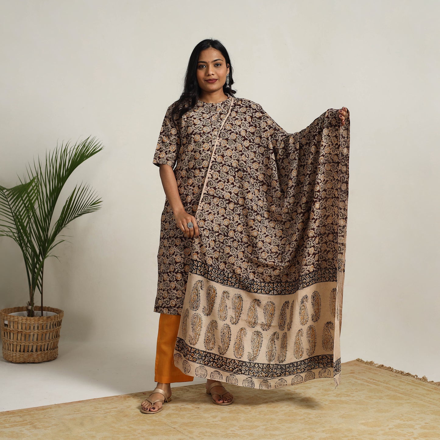 Brown - printed cotton kalamkari kurta set 10 - handcrafted