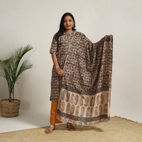 Brown - printed cotton kalamkari kurta set 10 - handcrafted