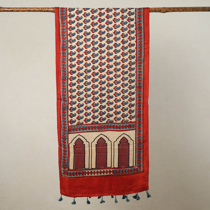 Red - Ajrakh Block Printed Modal Silk Stole with Tassels 04