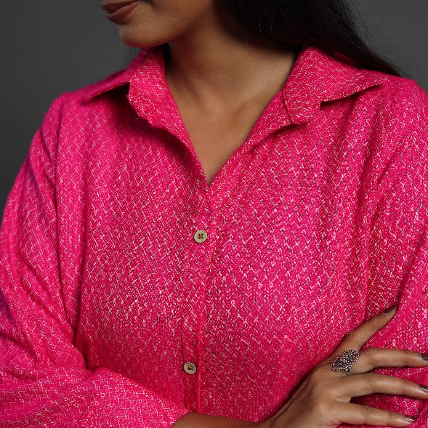 Inayat Hot Pink Plain Button Down Woollen Dress 10