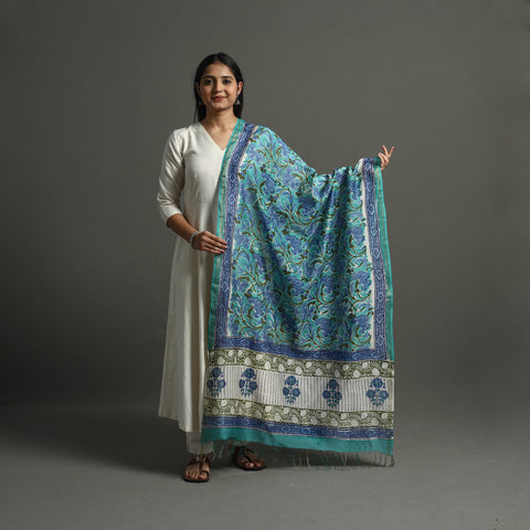 Green - Block Printed Chanderi Silk Sanganeri Dupatta 23