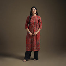 Hand Block Print Cotton Straight Long Ajrakh Kurta for Women 09