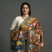 Brown - Srikalahasti Pen Work Kalamkari Cotton Handpainted Zari Border Dupatta with Tassels 114