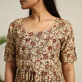 Buy Beige Pedana Block Print Cotton Flared Kalamkari Dress