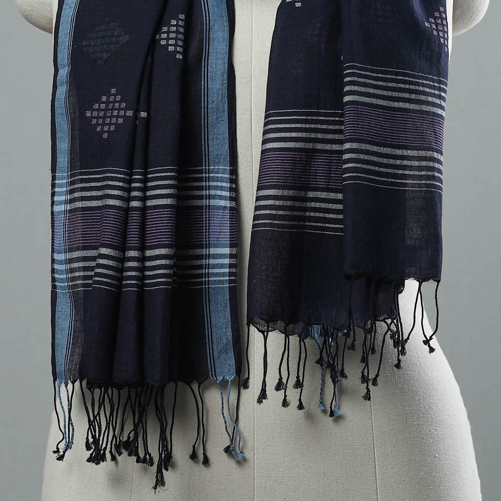 Blue - Burdwan Jamdani Cotton Handloom Stole with Tassels 12