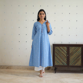 Blue - Pure Cotton A-Line Jacquard Kurta 06