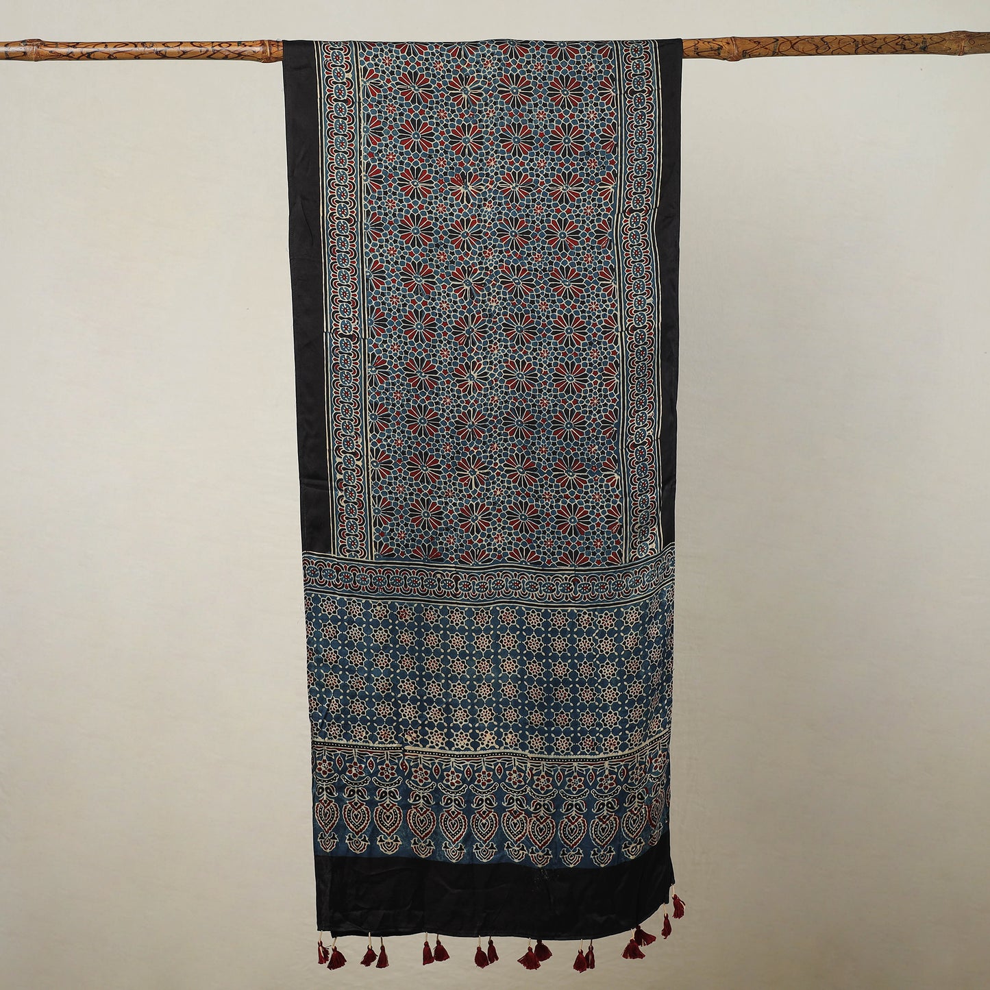 Blue - Ajrakh Block Printed Modal Silk Stole with Tassels 03