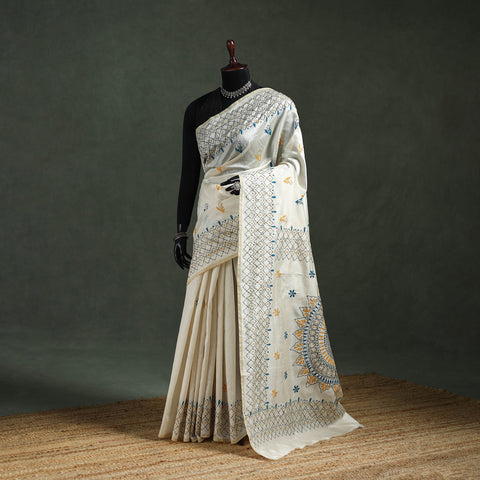 White - Bengal Nakshi Kantha Hand Embroidered Silk Saree 26