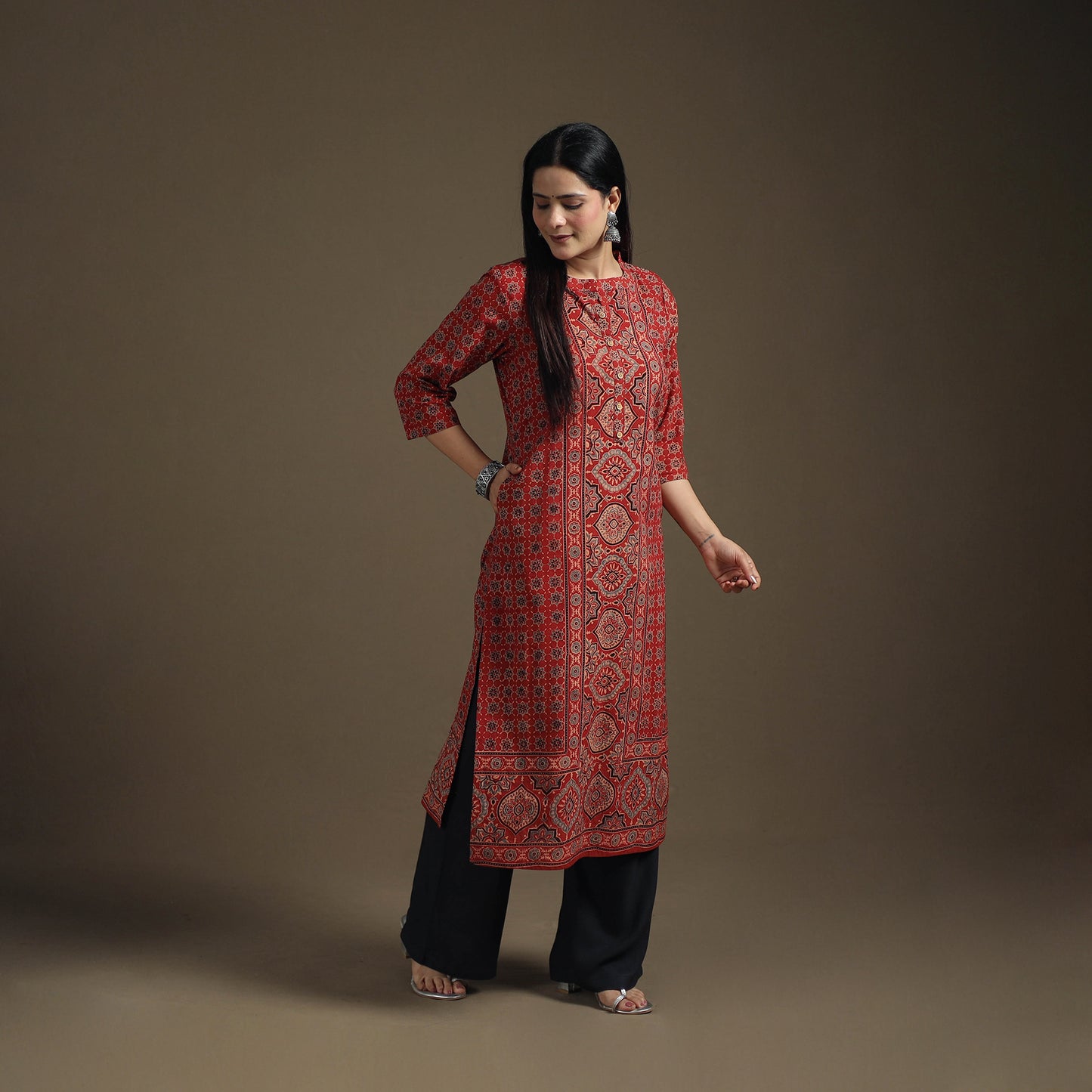 Hand Block Print Cotton Straight Long Ajrakh Kurta for Women 09
