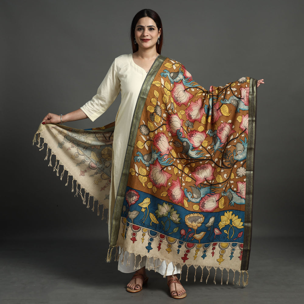 Brown - Srikalahasti Pen Work Kalamkari Cotton Handpainted Zari Border Dupatta with Tassels 114