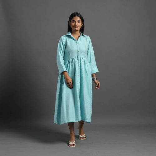 Alisha Light Blue Plain Button Down Woollen Dress 07