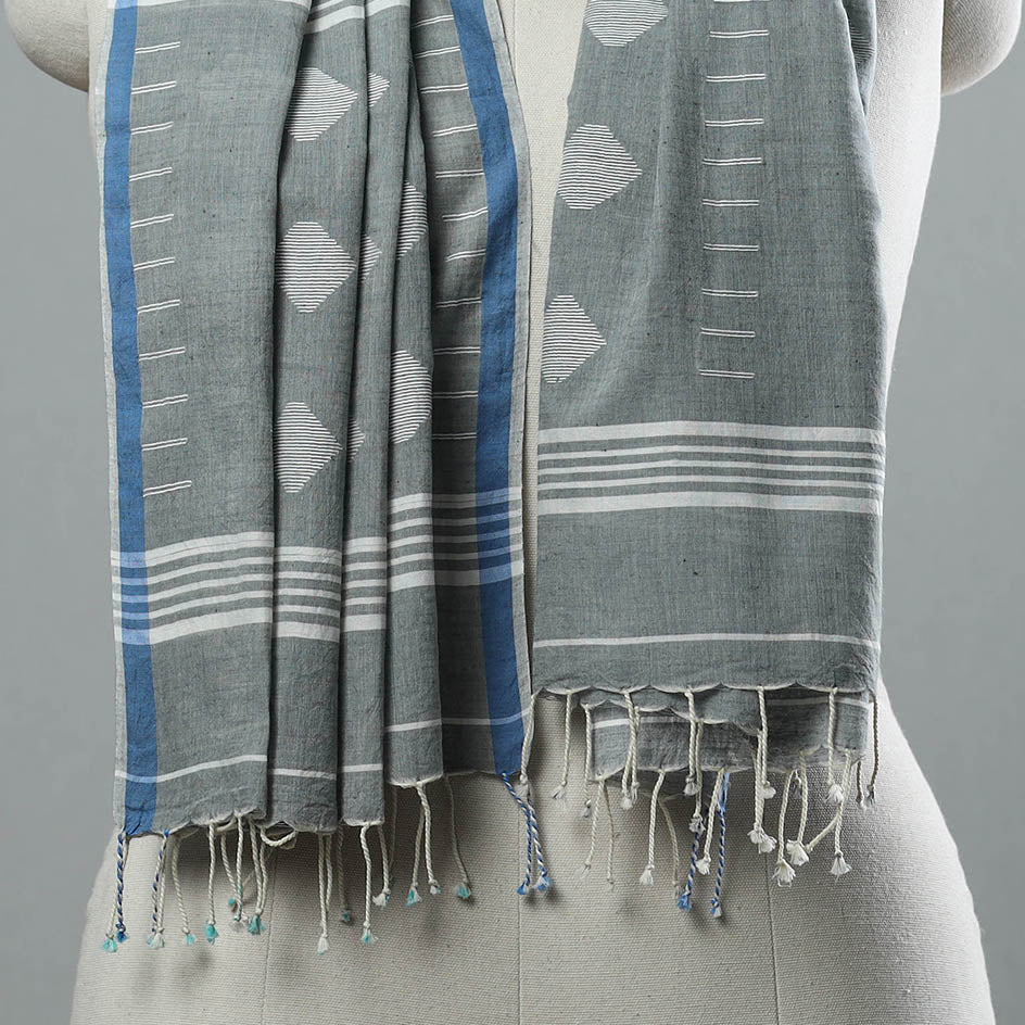 Grey - Burdwan Jamdani Cotton Handloom Stole with Tassels 11