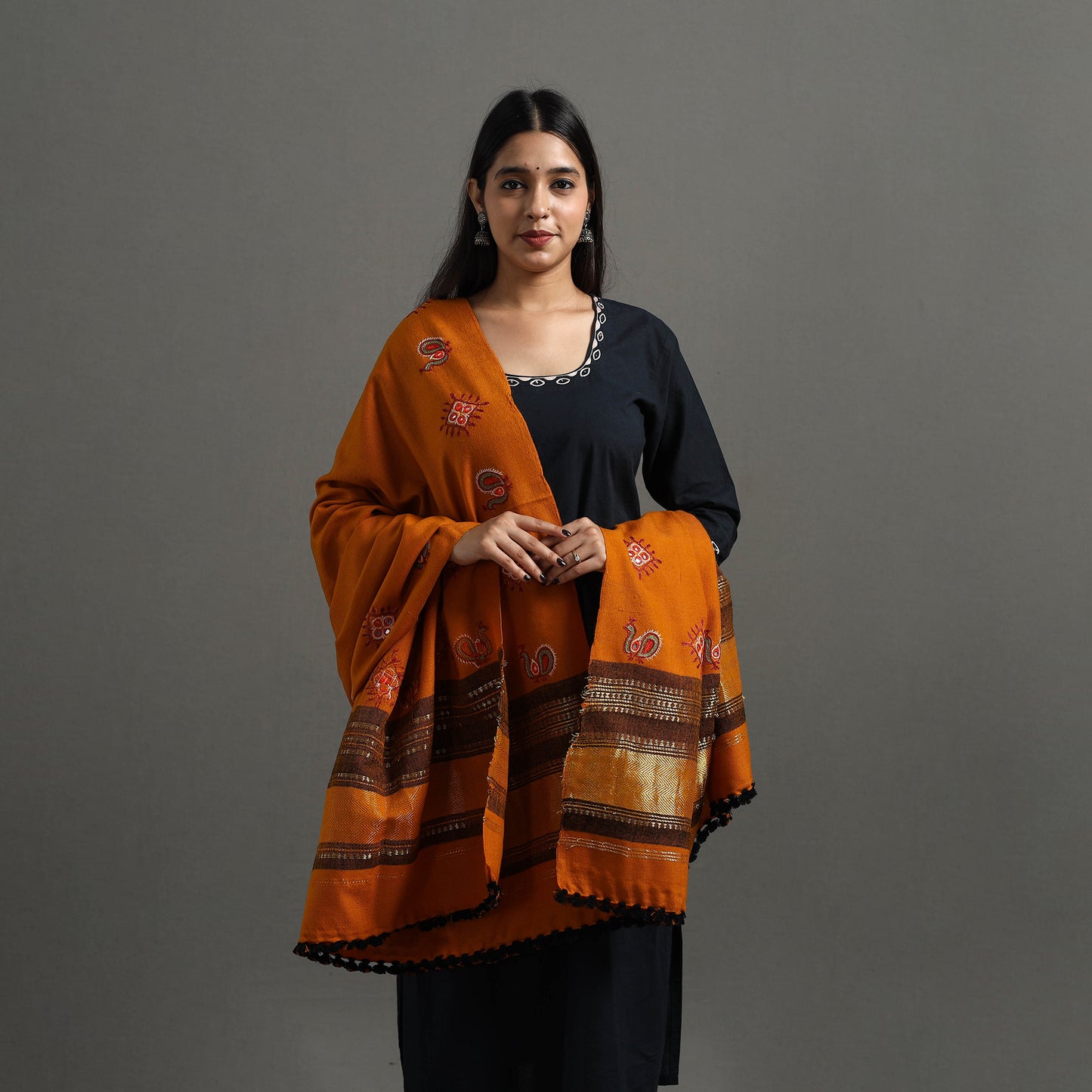 Orange - Kutch Ahir Hand Embroidery Woollen Shawl 51