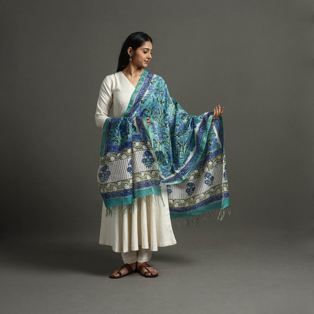 Green - Block Printed Chanderi Silk Sanganeri Dupatta 23