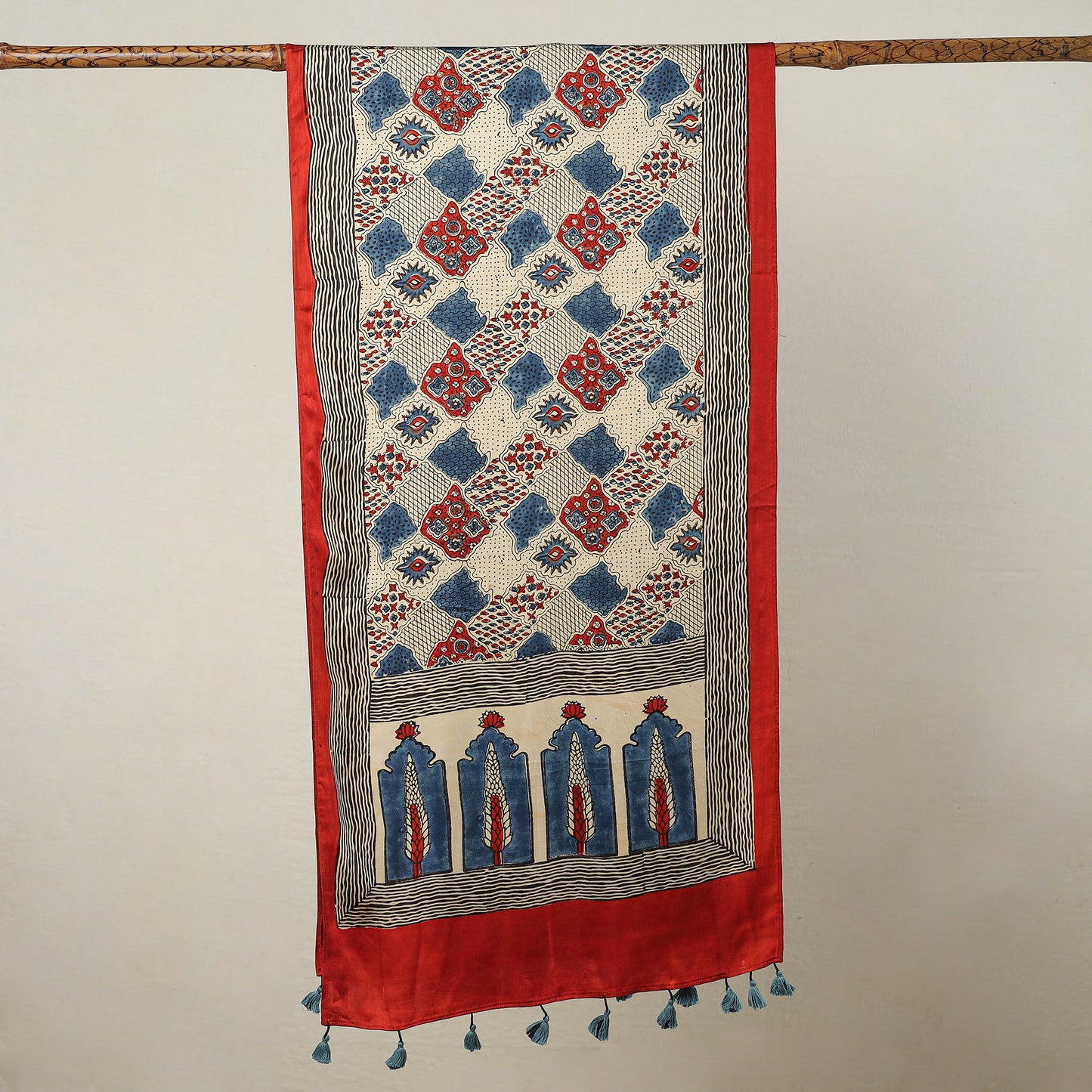 Beige - Ajrakh Block Printed Modal Silk Stole with Tassels 02