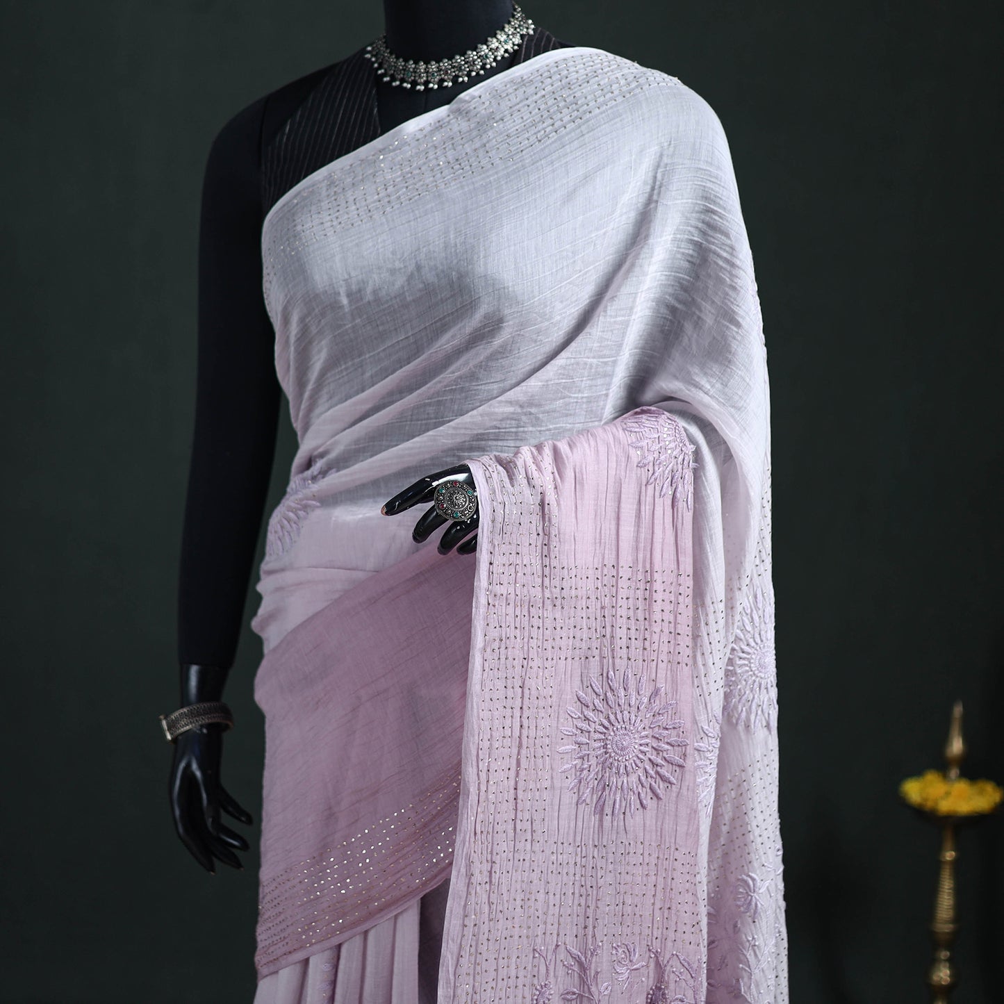 Lucknowi Chikankari Heavy Mukaish Work Pure Mul Chanderi Saree 01