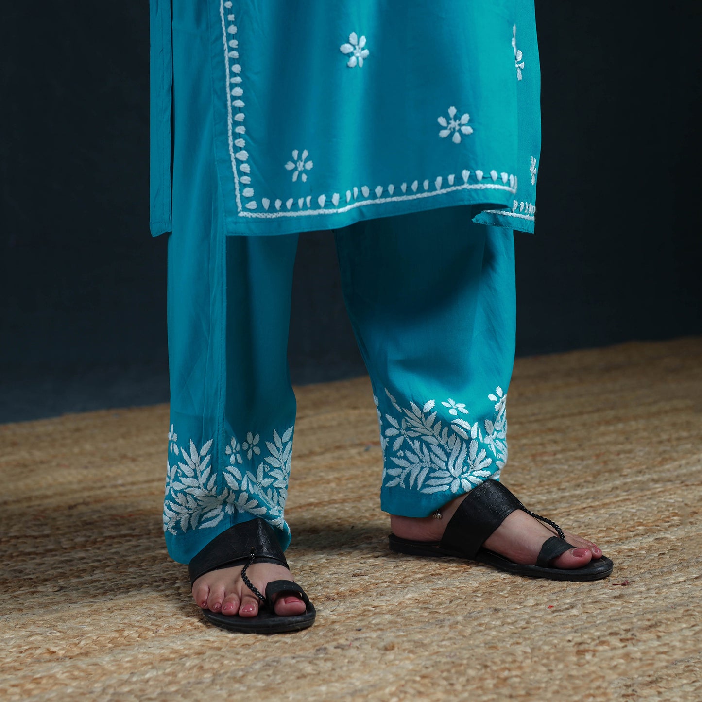 Blue - Hand Embroidered Rayon Chikankari Kurta with Pant Set for Women 08