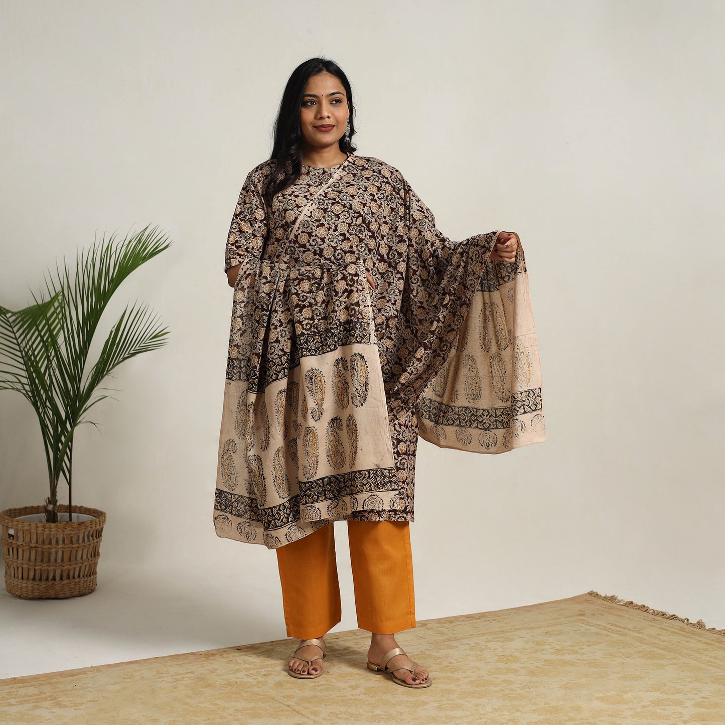 Brown - printed cotton kalamkari kurta set 10 - handcrafted