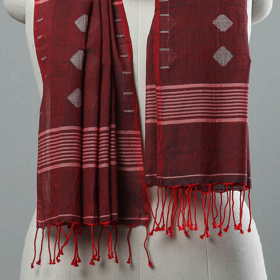 Maroon - Burdwan Jamdani Cotton Handloom Stole with Tassels 10