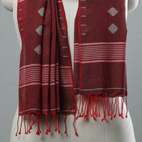 Maroon - Burdwan Jamdani Cotton Handloom Stole with Tassels 10