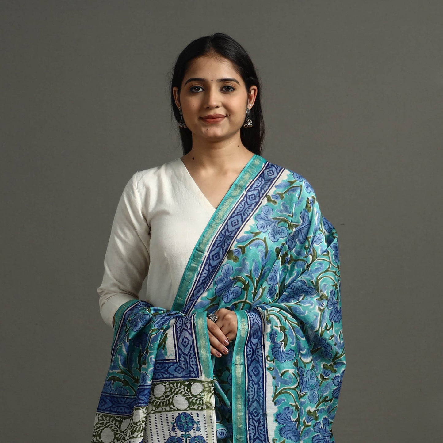 Green - Block Printed Chanderi Silk Sanganeri Dupatta 23