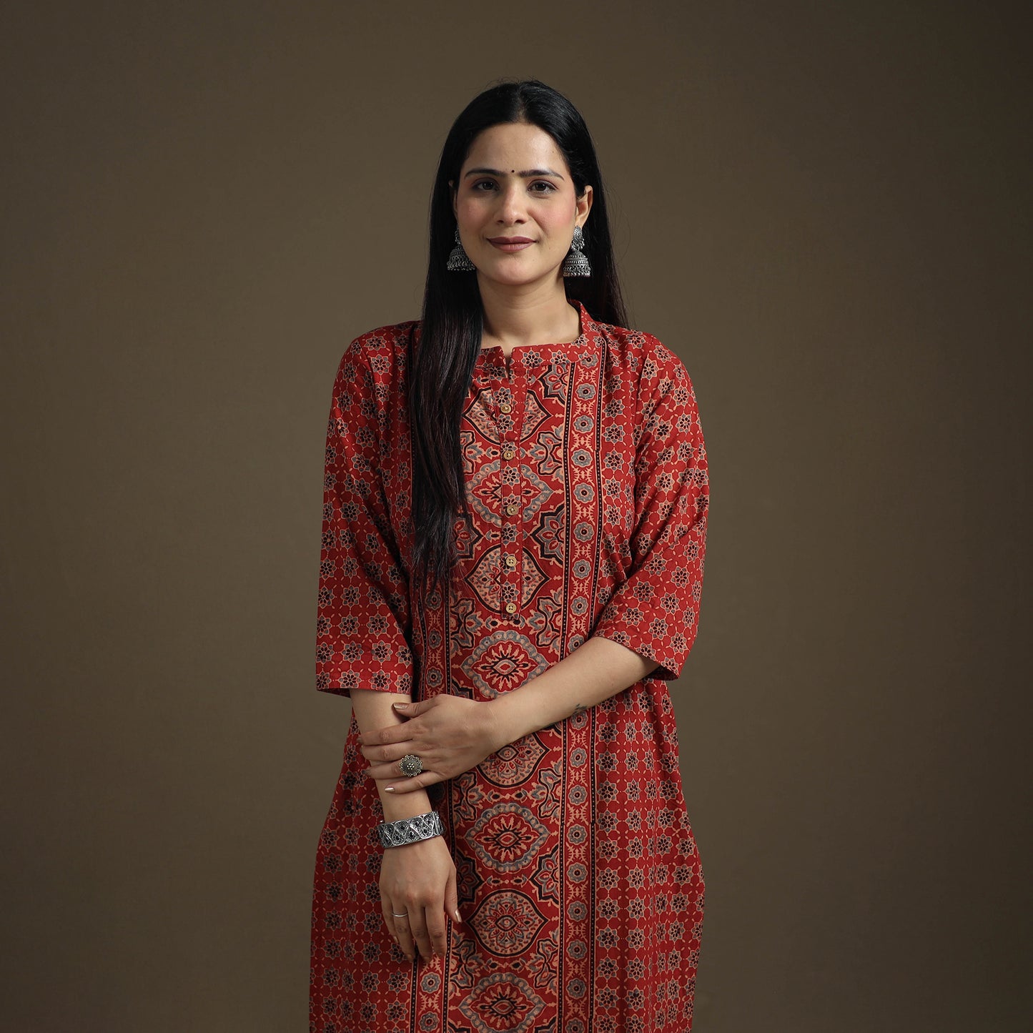Hand Block Print Cotton Straight Long Ajrakh Kurta for Women 09