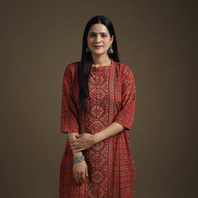 Hand Block Print Cotton Straight Long Ajrakh Kurta for Women 09