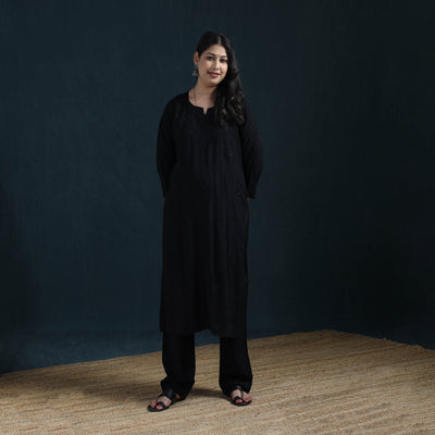 Black - Hand Embroidered Rayon Chikankari Kurta with Pant Set for Women 01