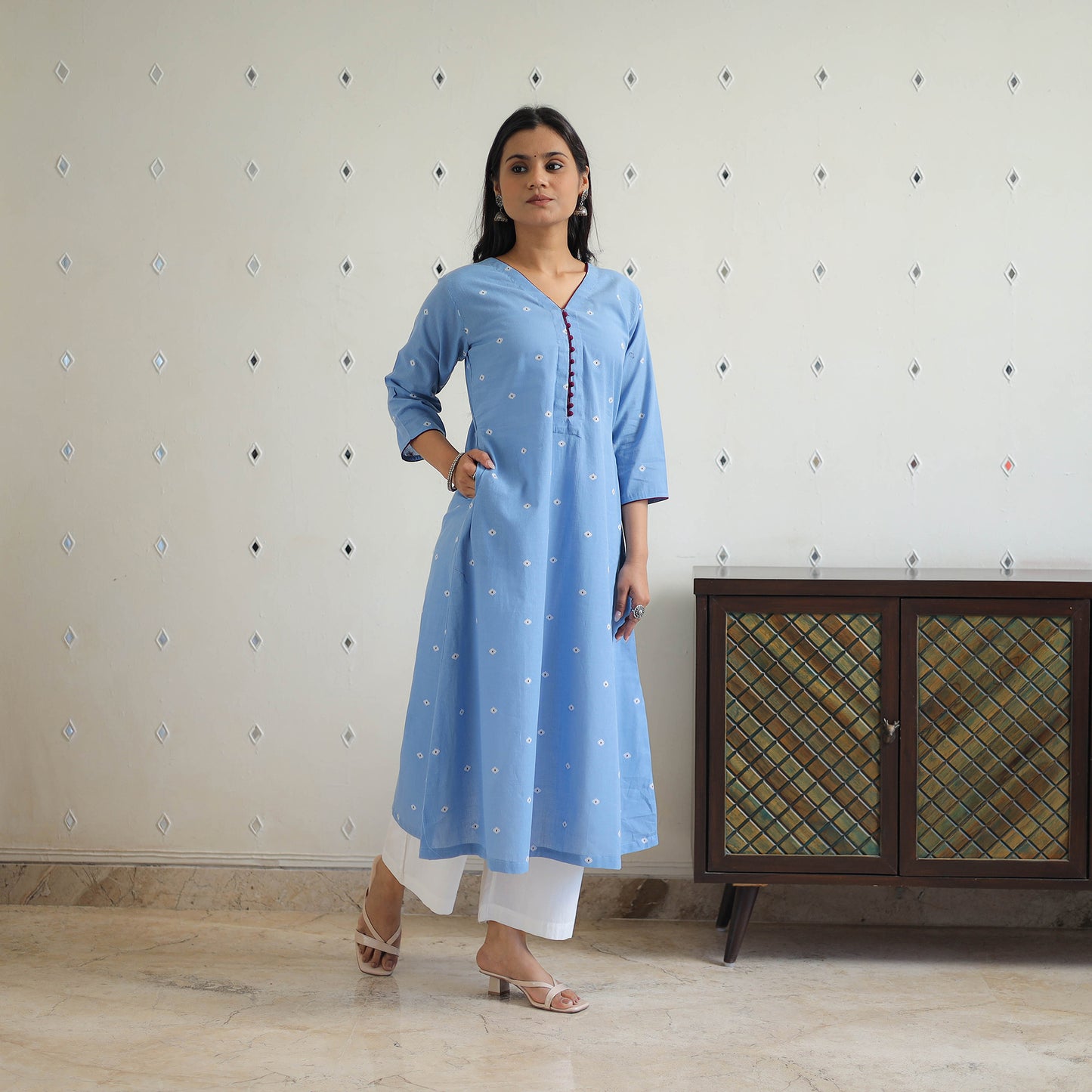 Blue - Pure Cotton A-Line Jacquard Kurta 06