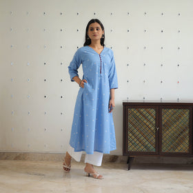 Blue - Pure Cotton A-Line Jacquard Kurta 06