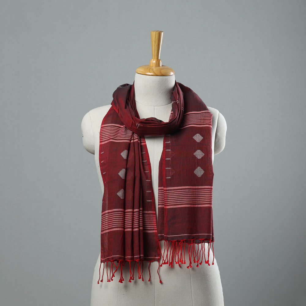 Maroon - Burdwan Jamdani Cotton Handloom Stole with Tassels 10