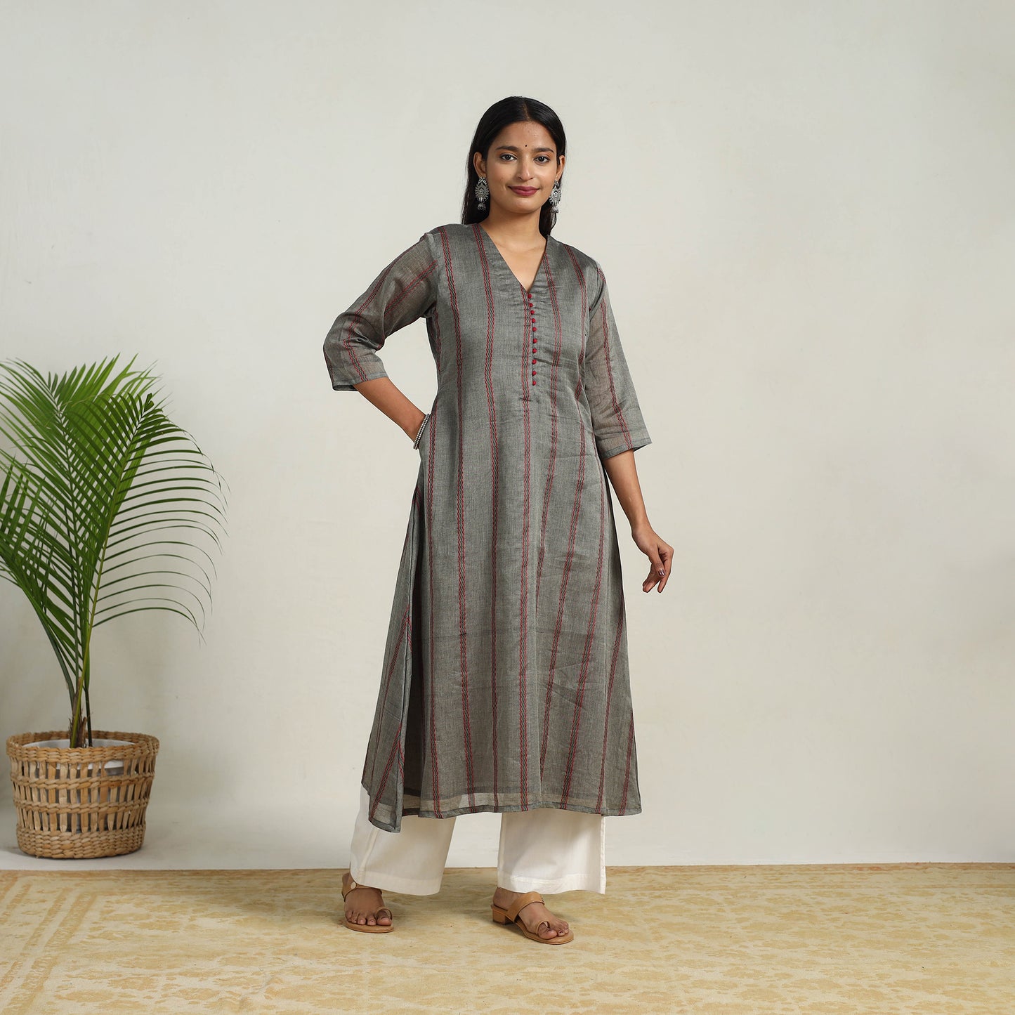 Grey - Mercerised Cotton A-Line Dharwad Kurta 11