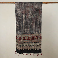 Black - Ajrakh Block Printed Modal Silk Stole with Tassels 01