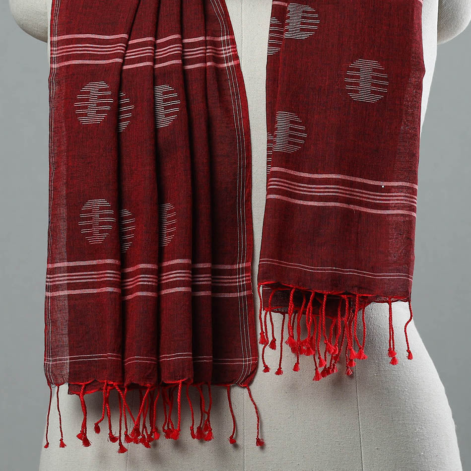 Maroon - Burdwan Jamdani Cotton Handloom Stole with Tassels 09