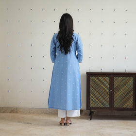 Blue - Pure Cotton A-Line Jacquard Kurta 06