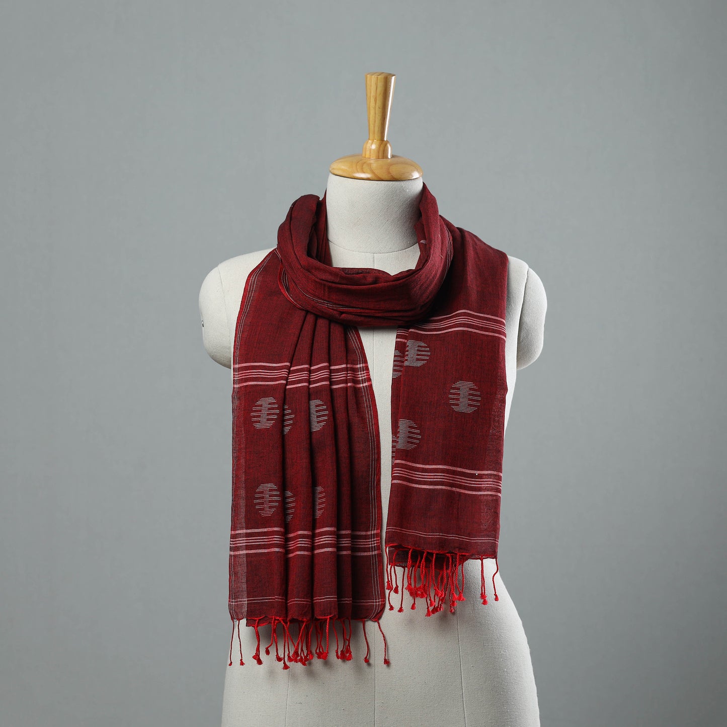 Maroon - Burdwan Jamdani Cotton Handloom Stole with Tassels 09