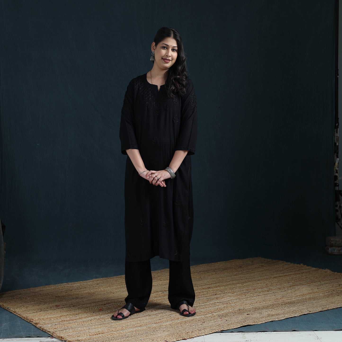Black - Hand Embroidered Rayon Chikankari Kurta with Pant Set for Women 01
