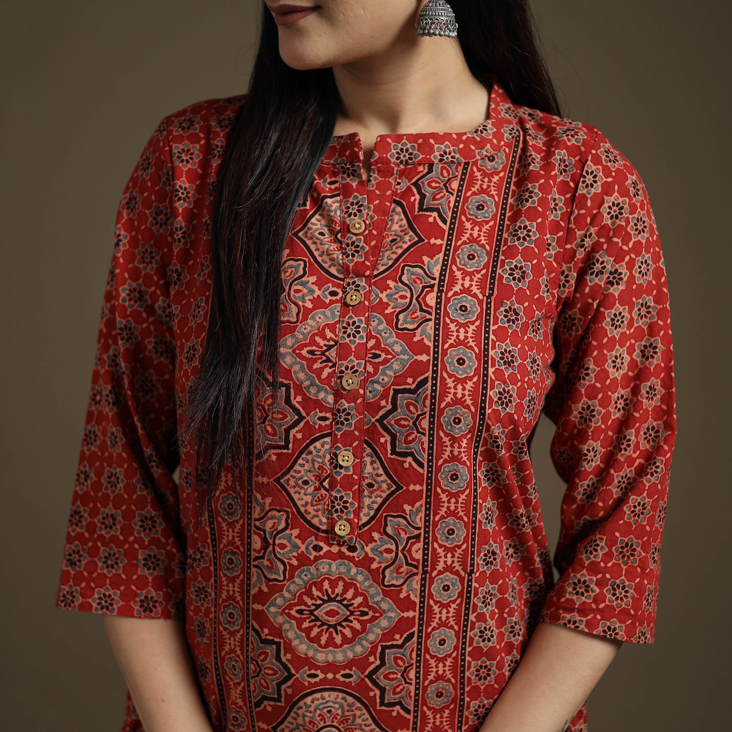 Hand Block Print Cotton Straight Long Ajrakh Kurta for Women 09