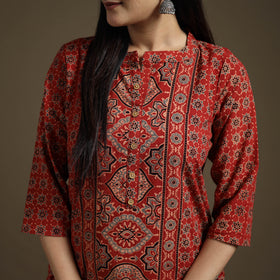 Hand Block Print Cotton Straight Long Ajrakh Kurta for Women 09