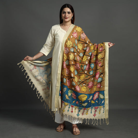 Brown - Srikalahasti Pen Work Kalamkari Cotton Handpainted Zari Border Dupatta with Tassels 115