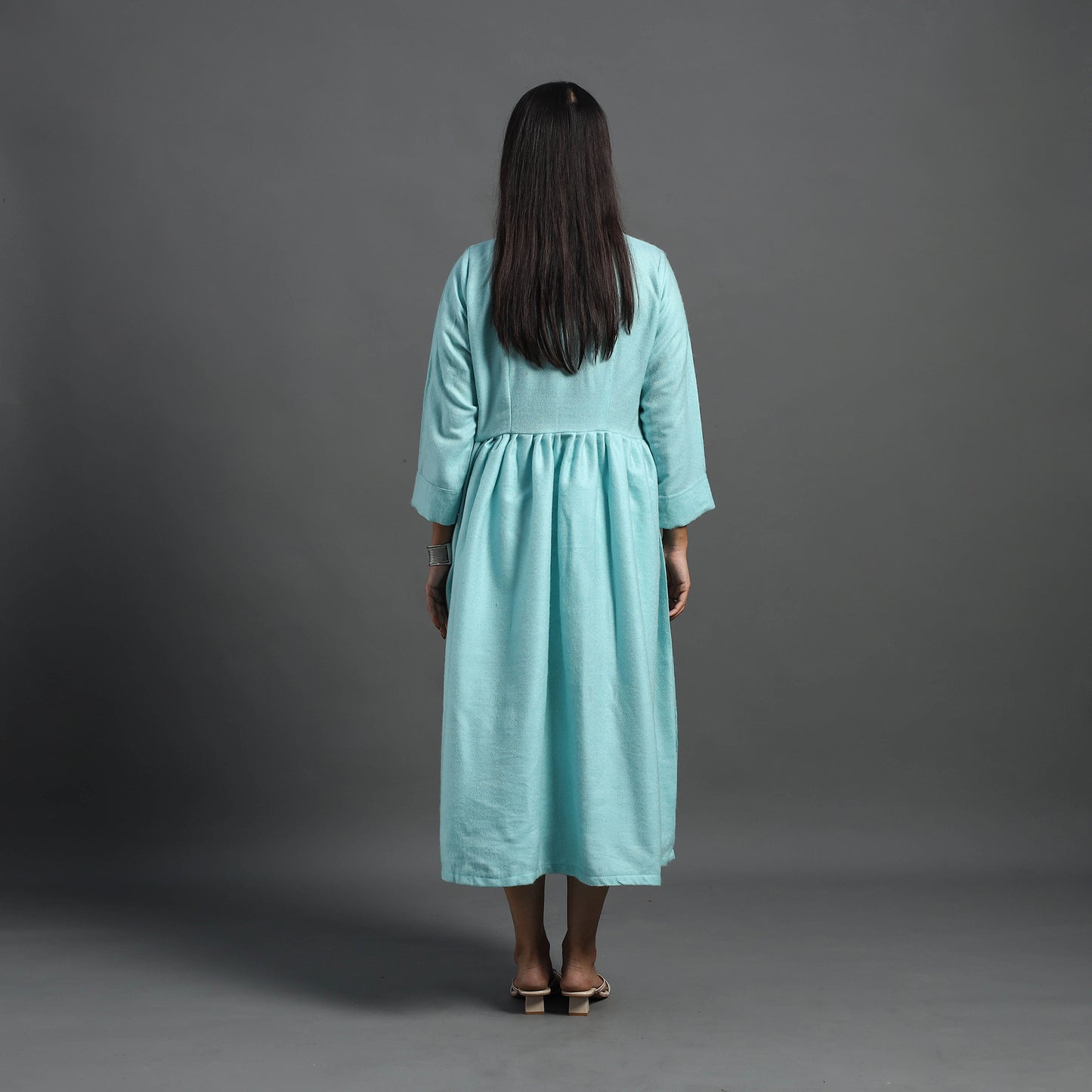 Alisha Light Blue Plain Button Down Woollen Dress 07