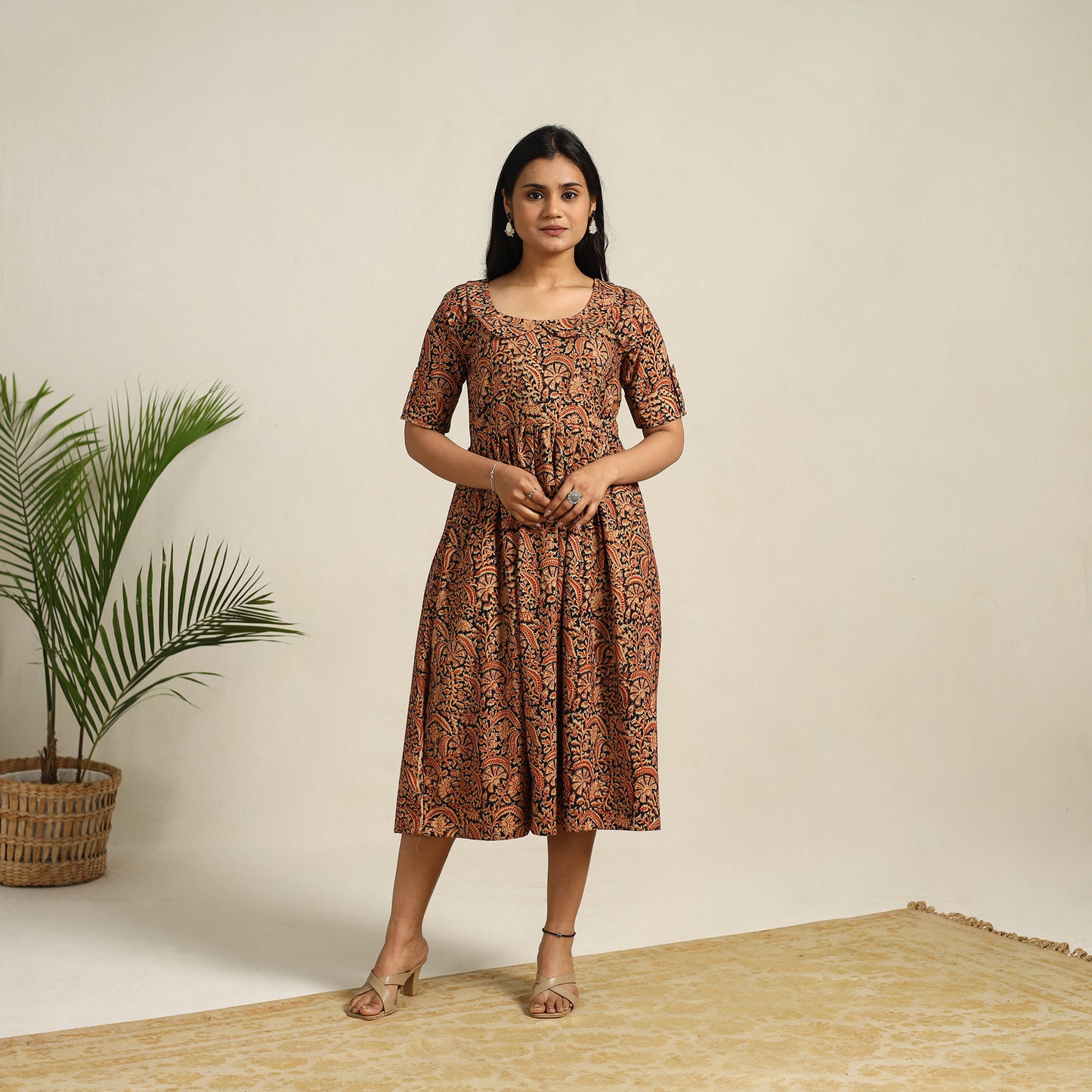 Pedana Block Print Cotton Flared Kalamkari Dress 07