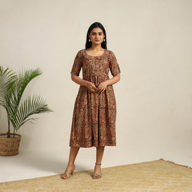 Orange - Pedana Block Print Cotton Flared Kalamkari Dress 07