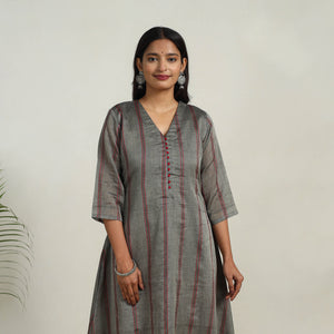 Grey - Mercerised Cotton A-Line Dharwad Kurta 11