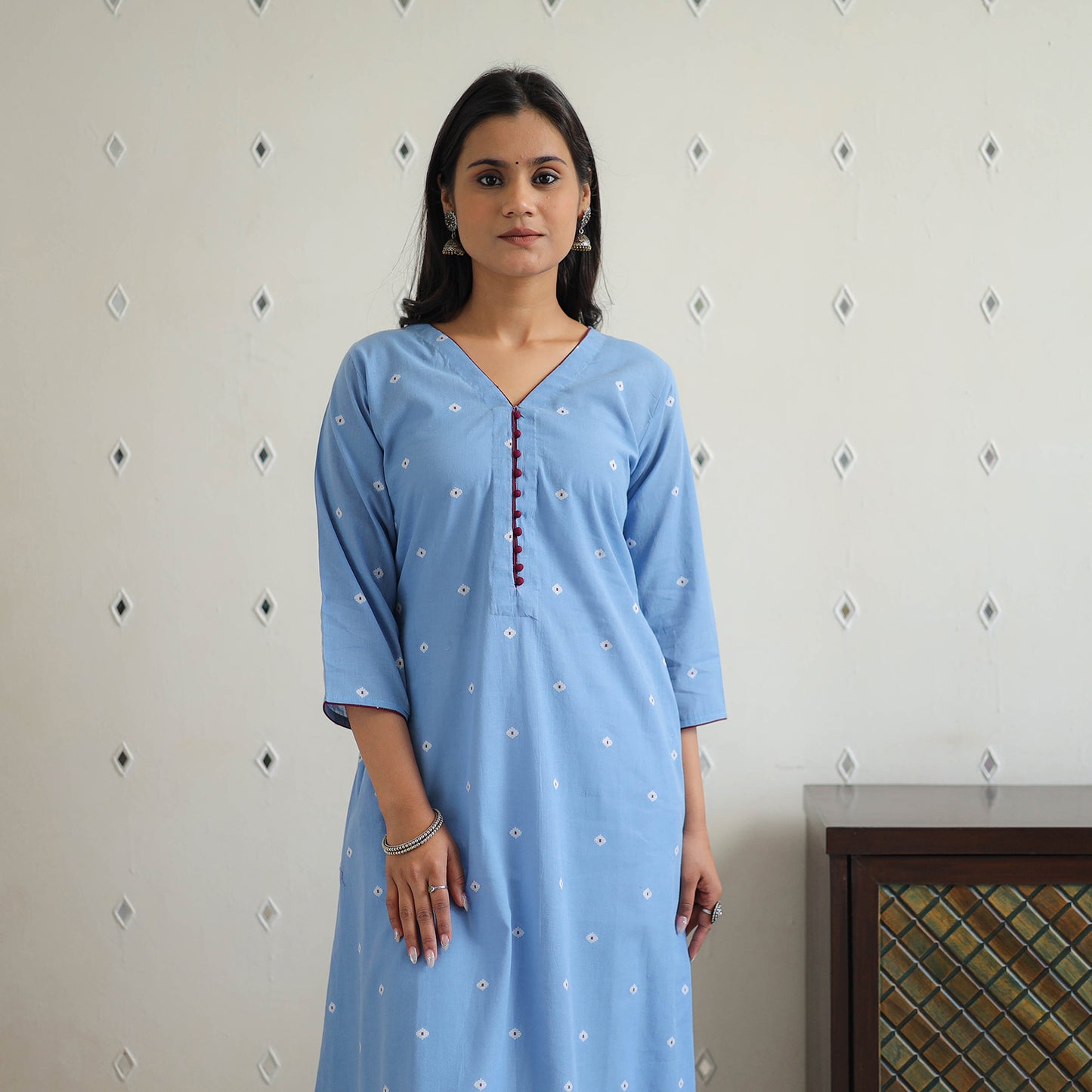 Blue - Pure Cotton A-Line Jacquard Kurta 06