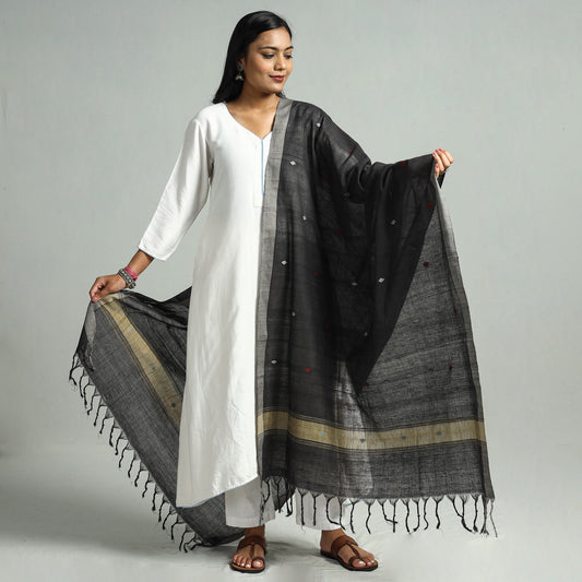 Black - Godavari Jamdani Buti Handloom Handspun Cotton Dupatta with Tassels 10