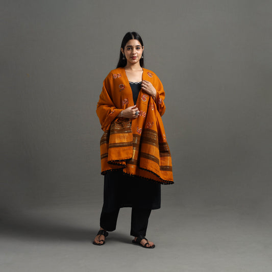 Orange - Kutch Ahir Hand Embroidery Woollen Shawl 52